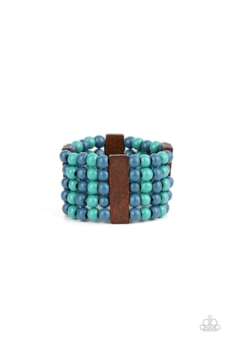 ISLAND SOUL - BLUE AND BROWN WOODEN BEAD STRETCHY BRACELET - PAPARAZZI