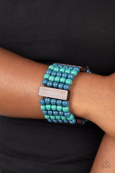 ISLAND SOUL - BLUE AND BROWN WOODEN BEAD STRETCHY BRACELET - PAPARAZZI