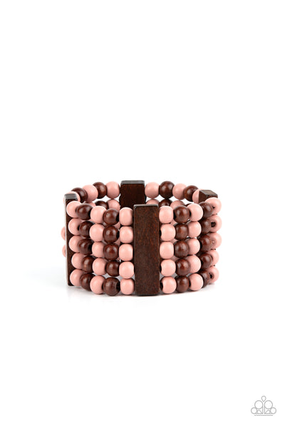 ISLAND SOUL - PINK AND BROWN WOODEN BEAD STRETCHY BRACELET - PAPARAZZI
