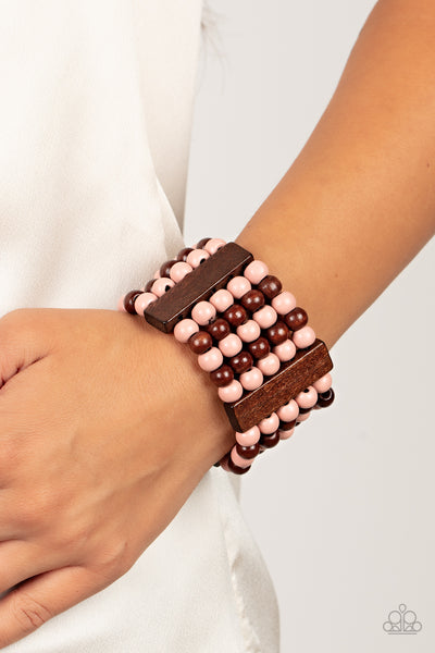 ISLAND SOUL - PINK AND BROWN WOODEN BEAD STRETCHY BRACELET - PAPARAZZI