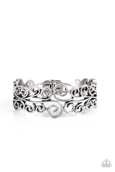 DRESSED TO FRILL - SILVER FLORAL FILIGREE HINGED BRACELET - PAPARAZZI