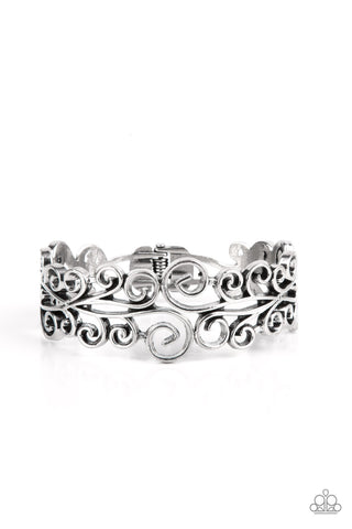 DRESSED TO FRILL - SILVER FLORAL FILIGREE HINGED BRACELET - PAPARAZZI