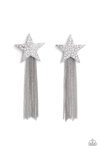 SUPERSTAR SOLO - WHITE RHINESTONE STAR SILVER FRINGE POST EARRINGS - PAPARAZZI LIFE OF THE PARTY DECEMBER 2022