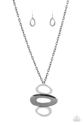 RARE RELIC - BLACK GUNMETAL AND SILVER OVAL PENDANT NECKLACE - PAPARAZZI