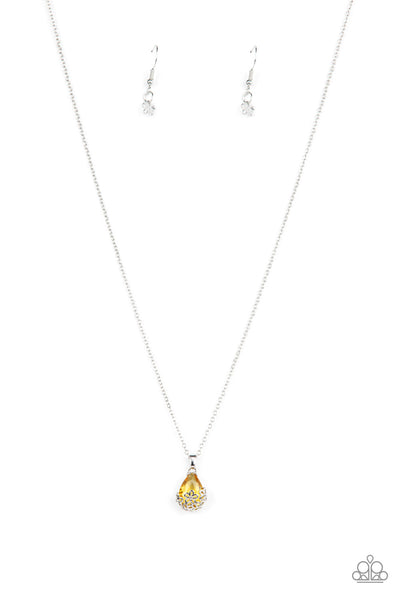 FLOWER PATCH FABULOUS - YELLOW GEM SILVER FLORAL DAINTY NECKACE - PAPARAZZI