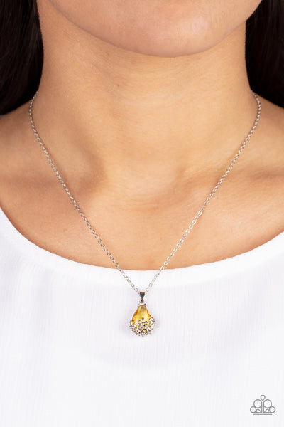 FLOWER PATCH FABULOUS - YELLOW GEM SILVER FLORAL DAINTY NECKACE - PAPARAZZI
