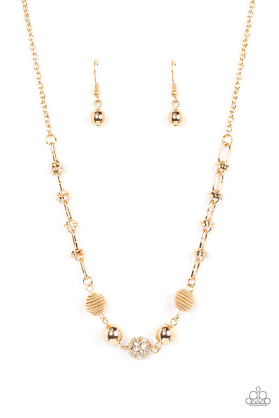 TAUNTING TWINKLE - GOLD BEAD WHITE RHINESTONE NECKLACE - PAPARAZZI