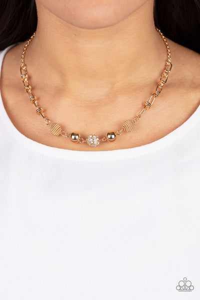 TAUNTING TWINKLE - GOLD BEAD WHITE RHINESTONE NECKLACE - PAPARAZZI
