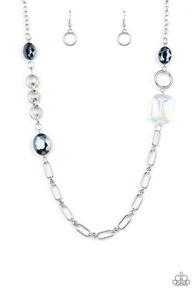FAMOUS AND FABULOUS - BLUE METALLIC AND IRIDESCENT BEAD SILVER NECKLACE - PAPARAZZI