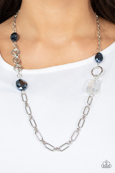 FAMOUS AND FABULOUS - BLUE METALLIC AND IRIDESCENT BEAD SILVER NECKLACE - PAPARAZZI