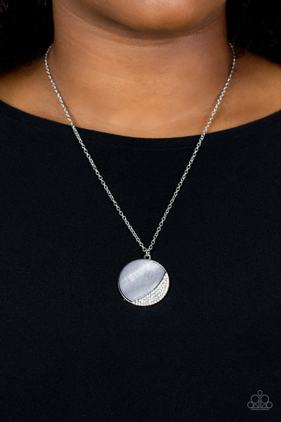OCEANIC ECLIPSE - SILVER SHELL-LIKE WHITE RHINESTONE MOON PENDANT NECKLACE - PAPARAZZI