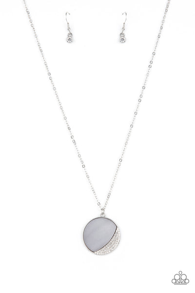 OCEANIC ECLIPSE - SILVER SHELL-LIKE WHITE RHINESTONE MOON PENDANT NECKLACE - PAPARAZZI
