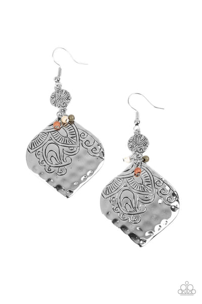 TROPICAL TERRACE - MULTI WHITE BROWN GREEN STONE SILVER EARRINGS - PAPARAZZI