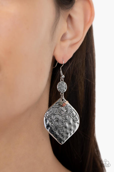 TROPICAL TERRACE - MULTI WHITE BROWN GREEN STONE SILVER EARRINGS - PAPARAZZI