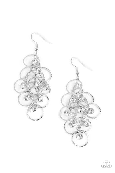 HEAD RUSH - WHITE RHINESTONE SILVER CIRCLE EARRINGS - PAPARAZZI