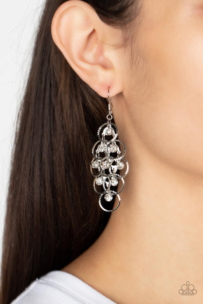 HEAD RUSH - WHITE RHINESTONE SILVER CIRCLE EARRINGS - PAPARAZZI