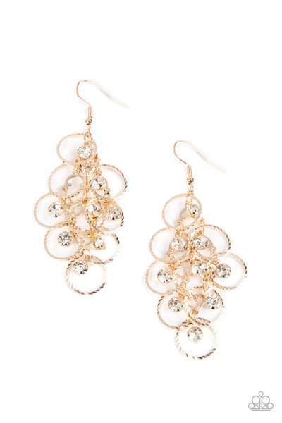 HEAD RUSH - GOLD CIRCLE WHITE RHINESTONE EARRINGS - PAPARAZZI
