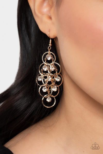 HEAD RUSH - GOLD CIRCLE WHITE RHINESTONE EARRINGS - PAPARAZZI