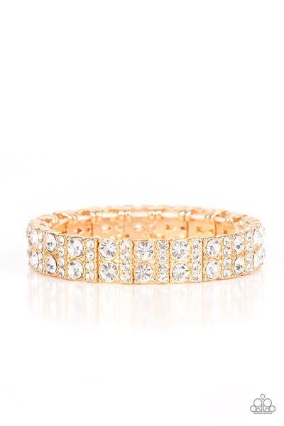 MIC DROPPING DRAMA - GOLD WHITE RHINESTONE STRETCHY BRACELETS - PAPARAZZI