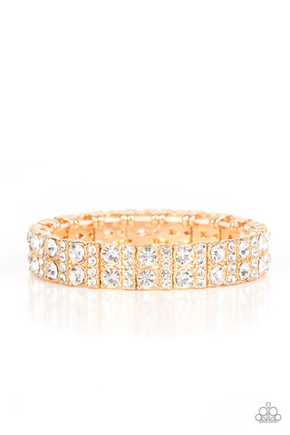 MIC DROPPING DRAMA - GOLD WHITE RHINESTONE STRETCHY BRACELETS - PAPARAZZI