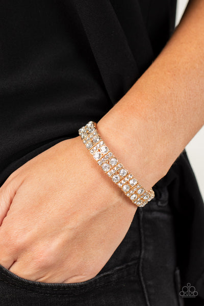 MIC DROPPING DRAMA - GOLD WHITE RHINESTONE STRETCHY BRACELETS - PAPARAZZI