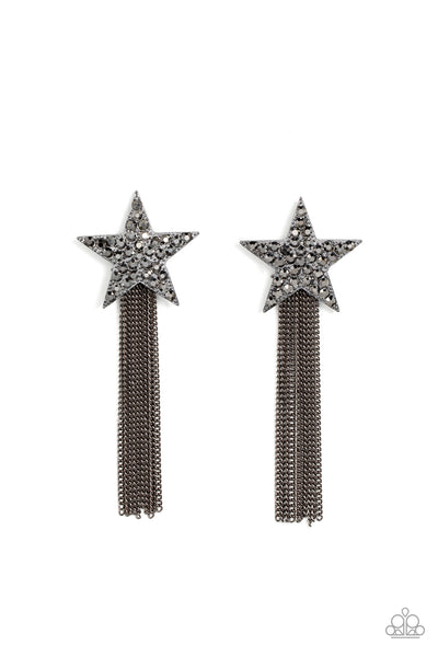 SUPERSTAR SOLO - BLACK GUNMETAL STAR FRINGE POST EARRINGS - PAPARAZZI
