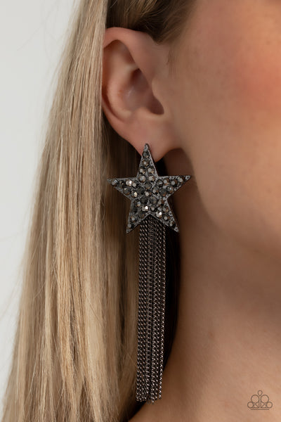 SUPERSTAR SOLO - BLACK GUNMETAL STAR FRINGE POST EARRINGS - PAPARAZZI