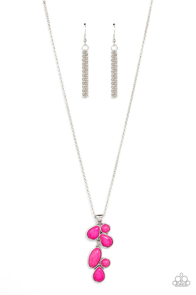 WILD BUNCH FLAIR - PINK STONE SILVER LONG NECKLACE - PAPARAZZI
