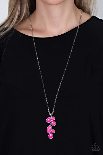 WILD BUNCH FLAIR - PINK STONE SILVER LONG NECKLACE - PAPARAZZI
