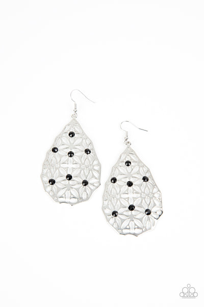 DELIGHTFULLY DAISY - BLACK RHINESTONE SILVER FILIGREE EARRINGS - PAPARAZZI