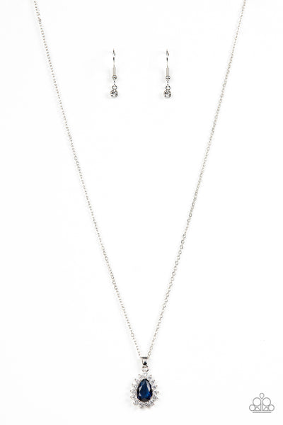 A GUIDING SOCIALITE - BLUE SAPPHIRE GEM WHITE RHINESTONE DAINTY SILVER NECKLACE - PAPARAZZI