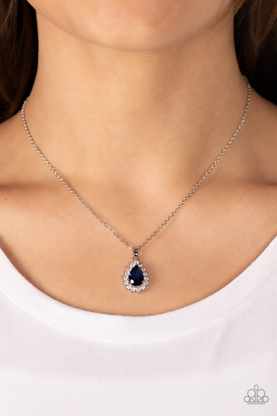 A GUIDING SOCIALITE - BLUE SAPPHIRE GEM WHITE RHINESTONE DAINTY SILVER NECKLACE - PAPARAZZI