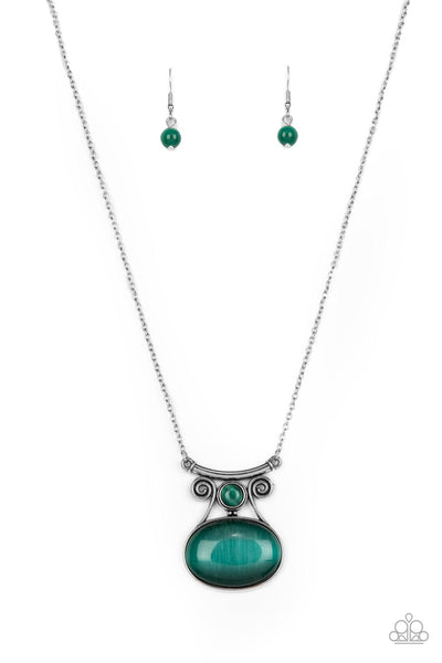 ONE DAYDREAM AT A TIME - GREEN CAT'S EYE STONE SILVER NECKLACE - PAPARAZZI