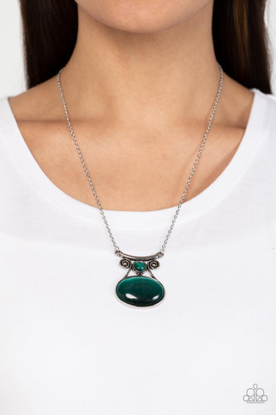 ONE DAYDREAM AT A TIME - GREEN CAT'S EYE STONE SILVER NECKLACE - PAPARAZZI