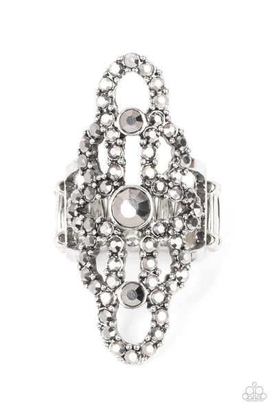 FUTURISTIC FREE SPIRIT - SILVER HEMATITE RHINESTONE RING - PAPARAZZI