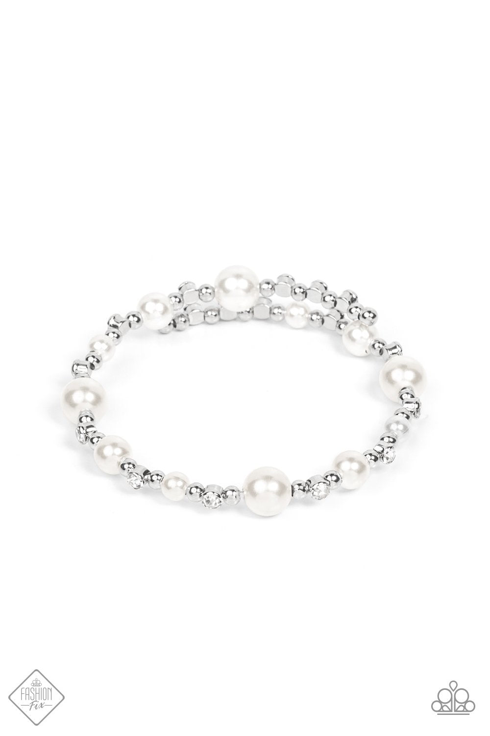 CHICLY CELEBRITY - WHITE PEARL RHINESTONE SILVER COIL BRACELET - PAPARAZZI - FASHION FIX OCTOBER 2021