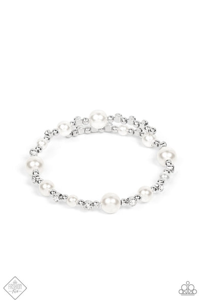 CHICLY CELEBRITY - WHITE PEARL RHINESTONE SILVER COIL BRACELET - PAPARAZZI - FASHION FIX OCTOBER 2021