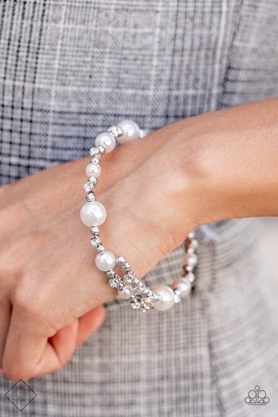 CHICLY CELEBRITY - WHITE PEARL RHINESTONE SILVER COIL BRACELET - PAPARAZZI - FASHION FIX OCTOBER 2021