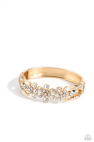 CHEERS TO THE FUTURE MRS. - GOLD FLORAL RHINESTONE HINGED BRACELET - PAPARAZZI