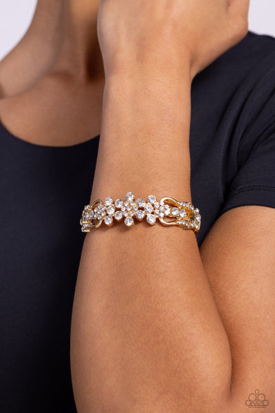 CHEERS TO THE FUTURE MRS. - GOLD FLORAL RHINESTONE HINGED BRACELET - PAPARAZZI