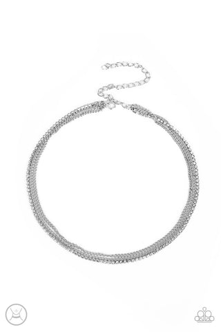 GLITZY GUSTO - WHITE RHINESTONE SILVER CHAIN LAYERED CHOKER NECKLACE - PAPARAZZ