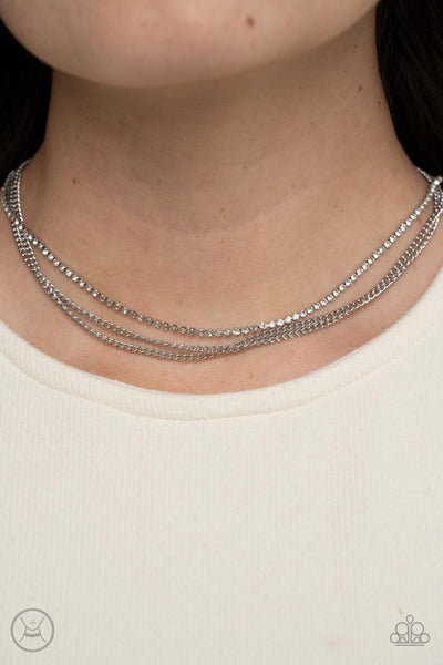 GLITZY GUSTO - WHITE RHINESTONE SILVER CHAIN LAYERED CHOKER NECKLACE - PAPARAZZ