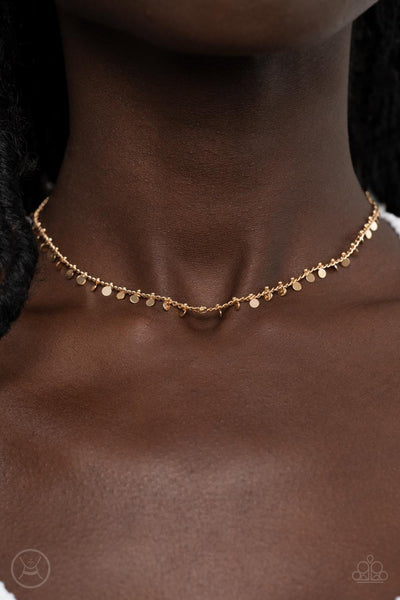 SPOTLIGHT SPUNK - GOLD TINY DISC CHOKER NECKLACE - PAPARAZZI
