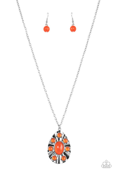 BLISSFULLY BOHEMIAN - ORANGE BEAD SILVER TEARDROP PENDANT NECKLACE - PAPARAZZI Regular price