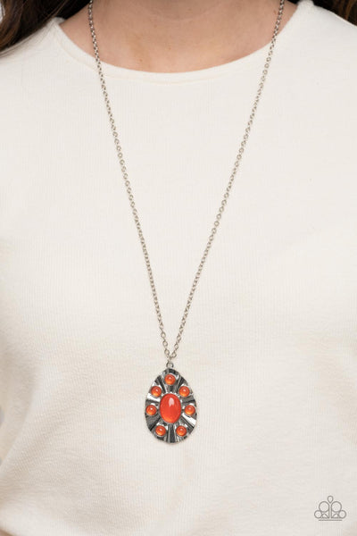 BLISSFULLY BOHEMIAN - ORANGE BEAD SILVER TEARDROP PENDANT NECKLACE - PAPARAZZI Regular price