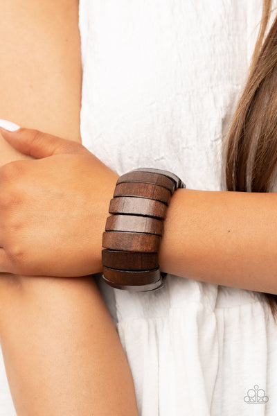 BOARDWALK BONANZA - BROWN WOODEN STRETCHY BRACELET - PAPARAZZI