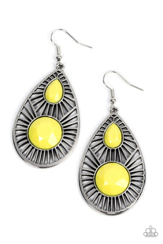 PRIMA DONNA DIVA - YELLOW BEAD SILVER TEARDROP EARRINGS - PAPARAZZI