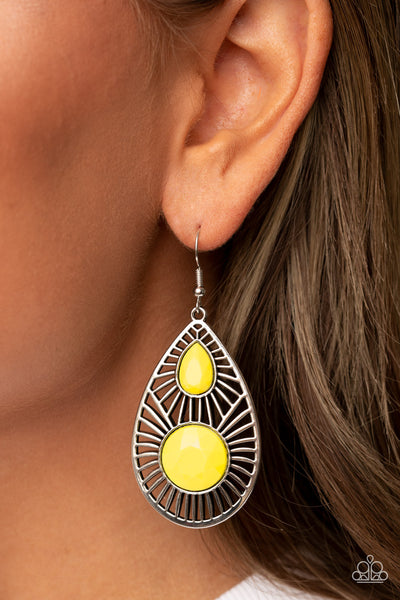 PRIMA DONNA DIVA - YELLOW BEAD SILVER TEARDROP EARRINGS - PAPARAZZI