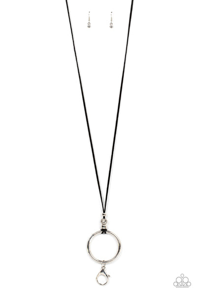 BLING INTO FOCUS - BLACK CORD SILVER CIRCLE LANYARD NECKLACE - PAPARAZZI