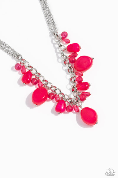 VENETIAN VACATION - PINK BEAD SILVER SHORT NECKLACE - PAPARAZZI